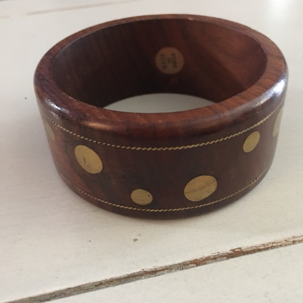 Brass inlay wood wide bangle bracelet